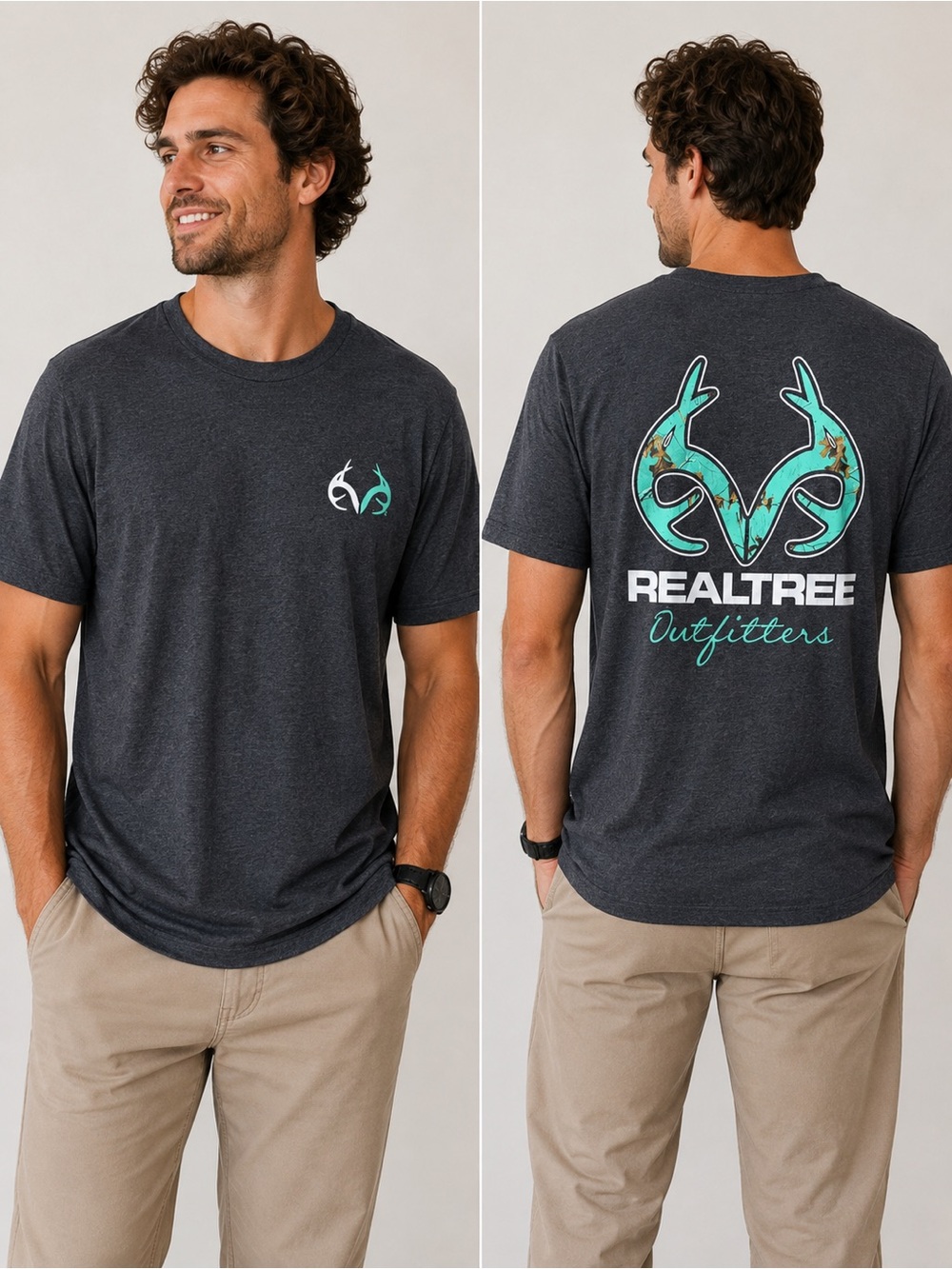 Realtree Outfitters Men’s Charcoal Graphic Hunting T-Shirt Camo Antler Tee